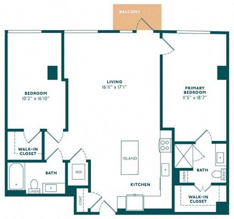 Floor plan for 2 beds, 2 baths, 1252 sqft